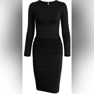 Long Sleeve Ruched Bodycon Sheath Knee Length Black Dress